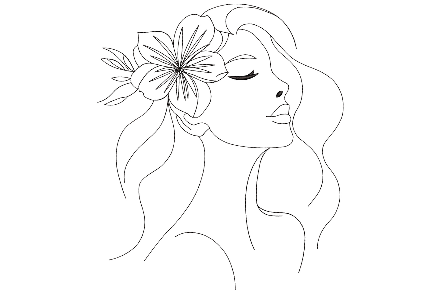 Floral woman line art embroidery design with continuous black thread outline of woman in profile, eyes closed, small flower cluster in hair, flowing hair strokes, minimalist fashion style.