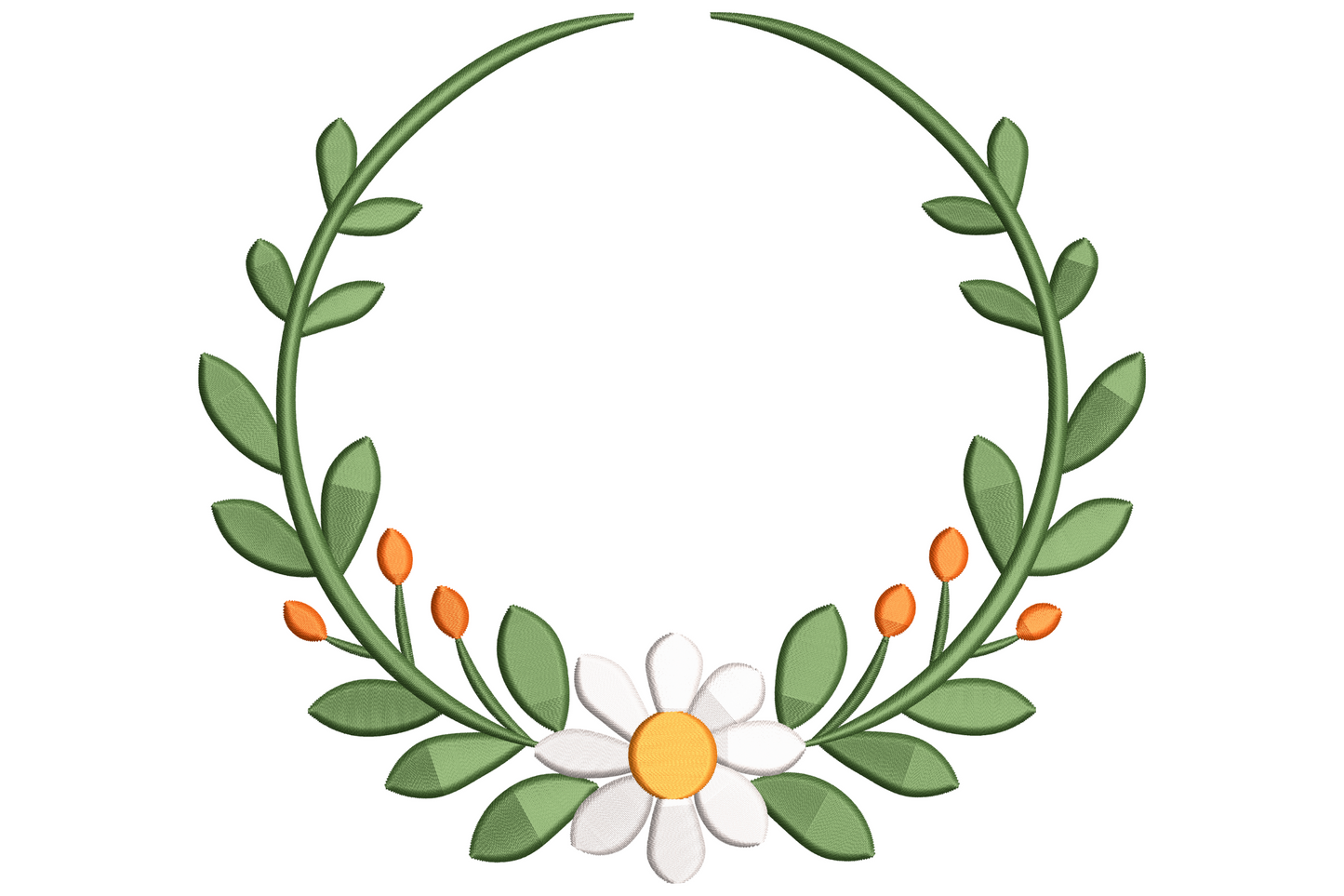 Floral wreath embroidery with green leafy branches, orange buds and a white daisy with yellow centre at the base.