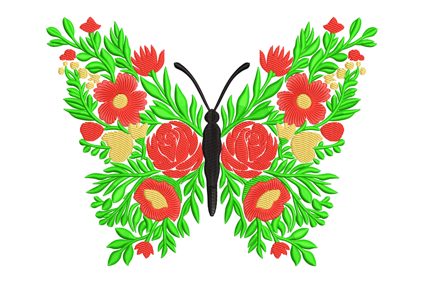 Floral butterfly embroidery, wings of red roses, orange daisies and green leaf sprigs in mirror symmetry, slim black body and antennae.