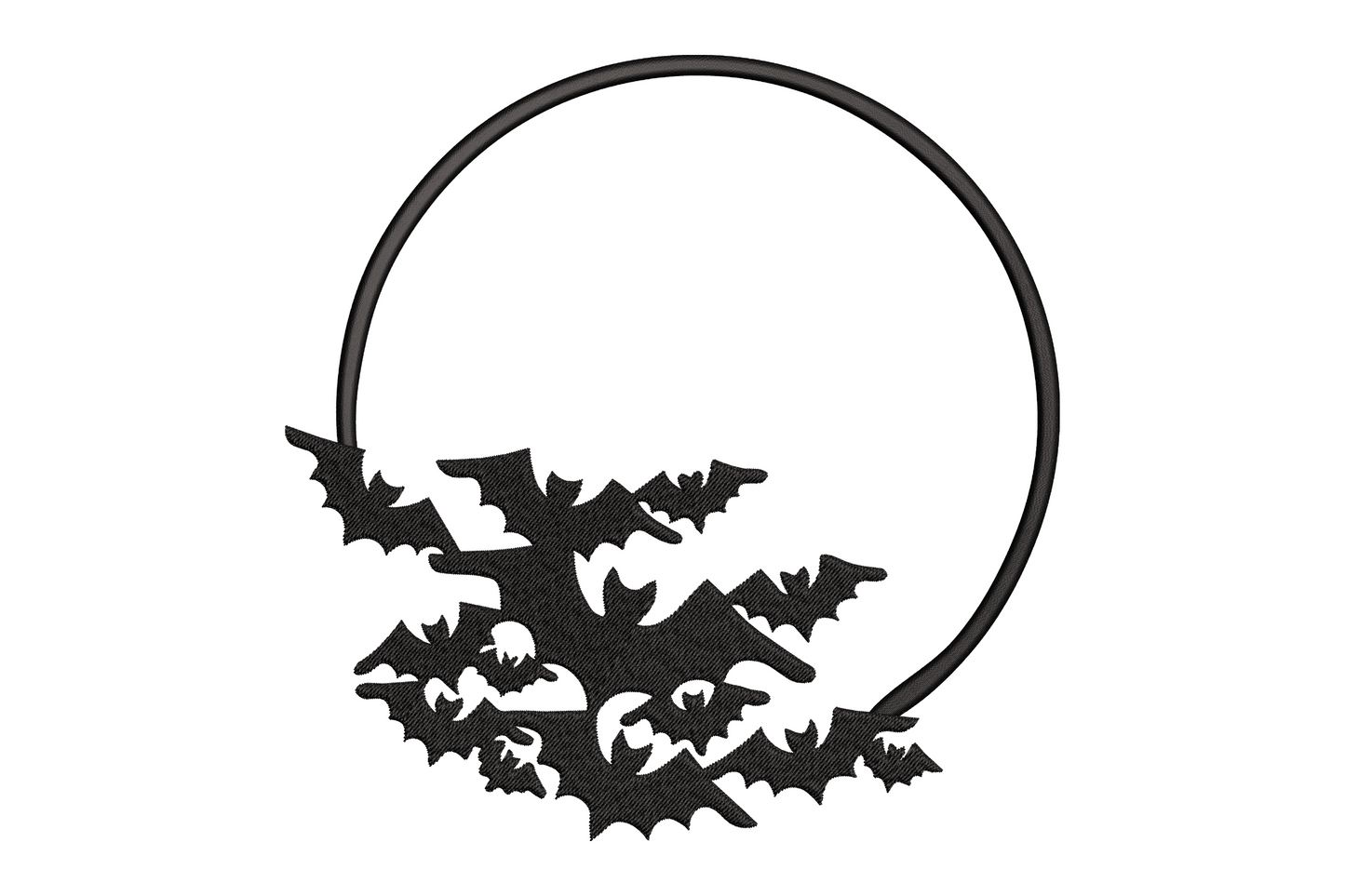 Halloween circle frame embroidery with bat cluster at base, single black thread, clean ring design, 6 sizes