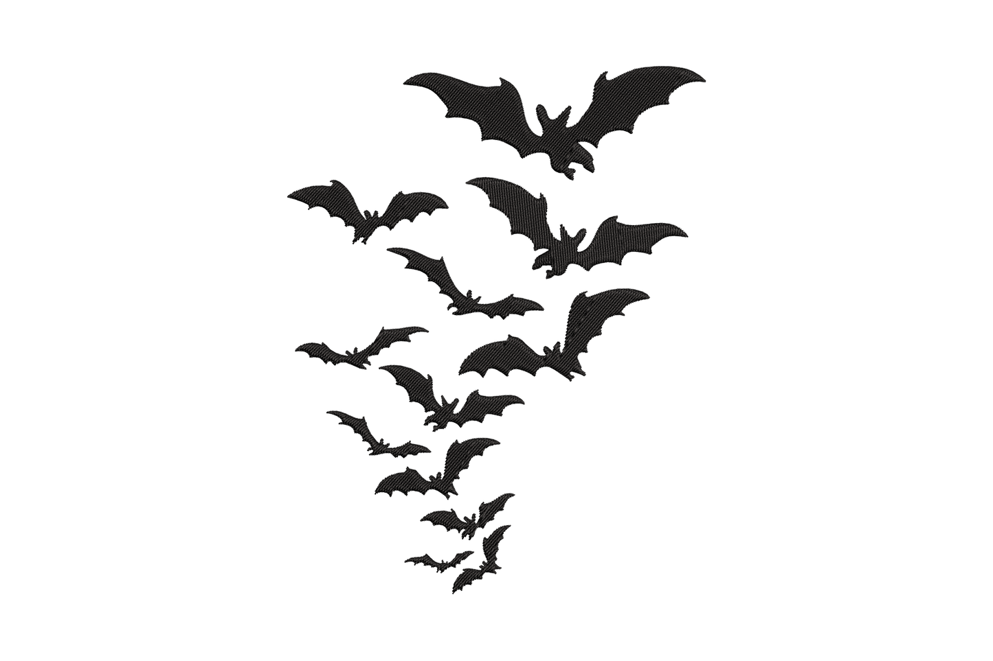 Five black silhouette bats in flight clustered in loose diamond formation, pointed ears, scallop wings, varying angles, bold halloween motif single colour fill.