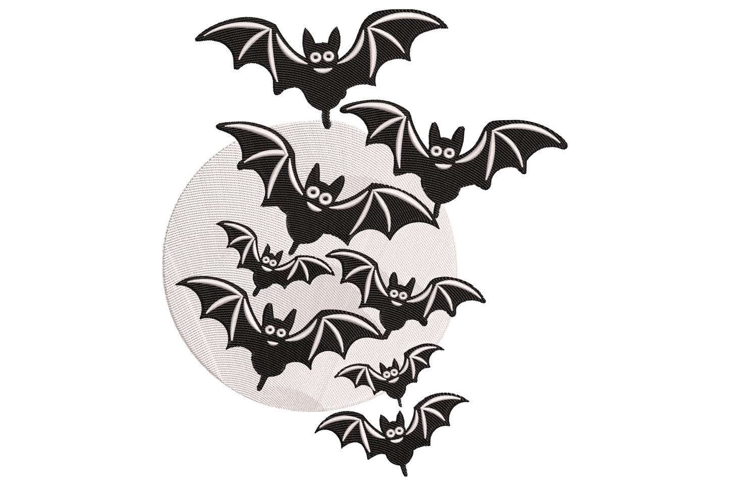 Seven cartoon bats with big white eyes flying around a pale grey moon, spooky cute Halloween embroidery design