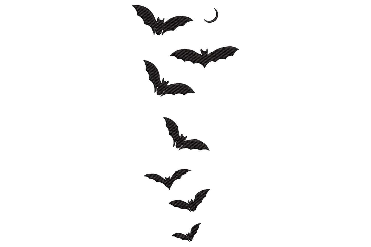 Flying bats halloween embroidery design, vertical stack of bat silhouettes in flight, single colour, 1.58 by 3.5 inches tall narrow format, seasonal machine embroidery.