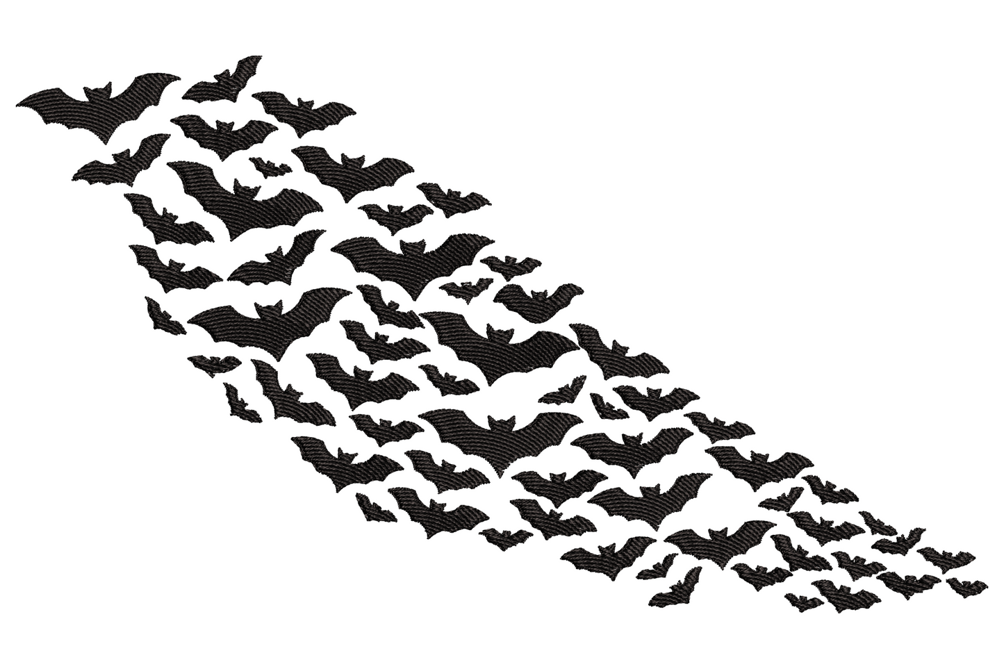 Dense diagonal swarm of black bat silhouettes, each bat different wing position, halloween spooky machine embroidery design.