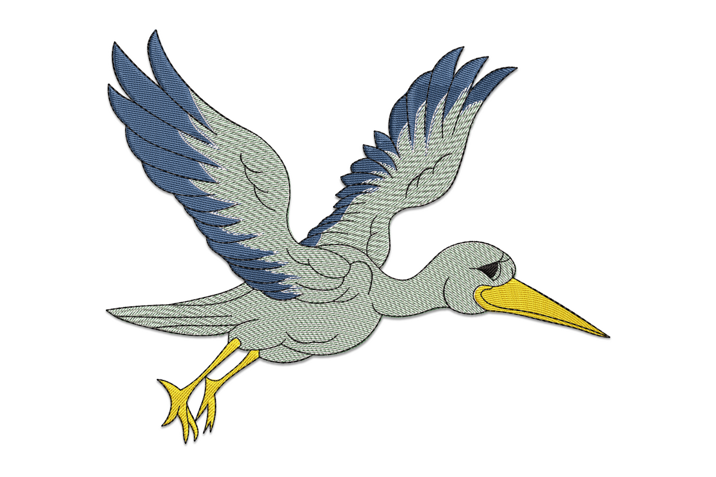 Flying heron embroidery design, wings spread wide in full flight, 5-color blue-grey and yellow machine embroidery on white