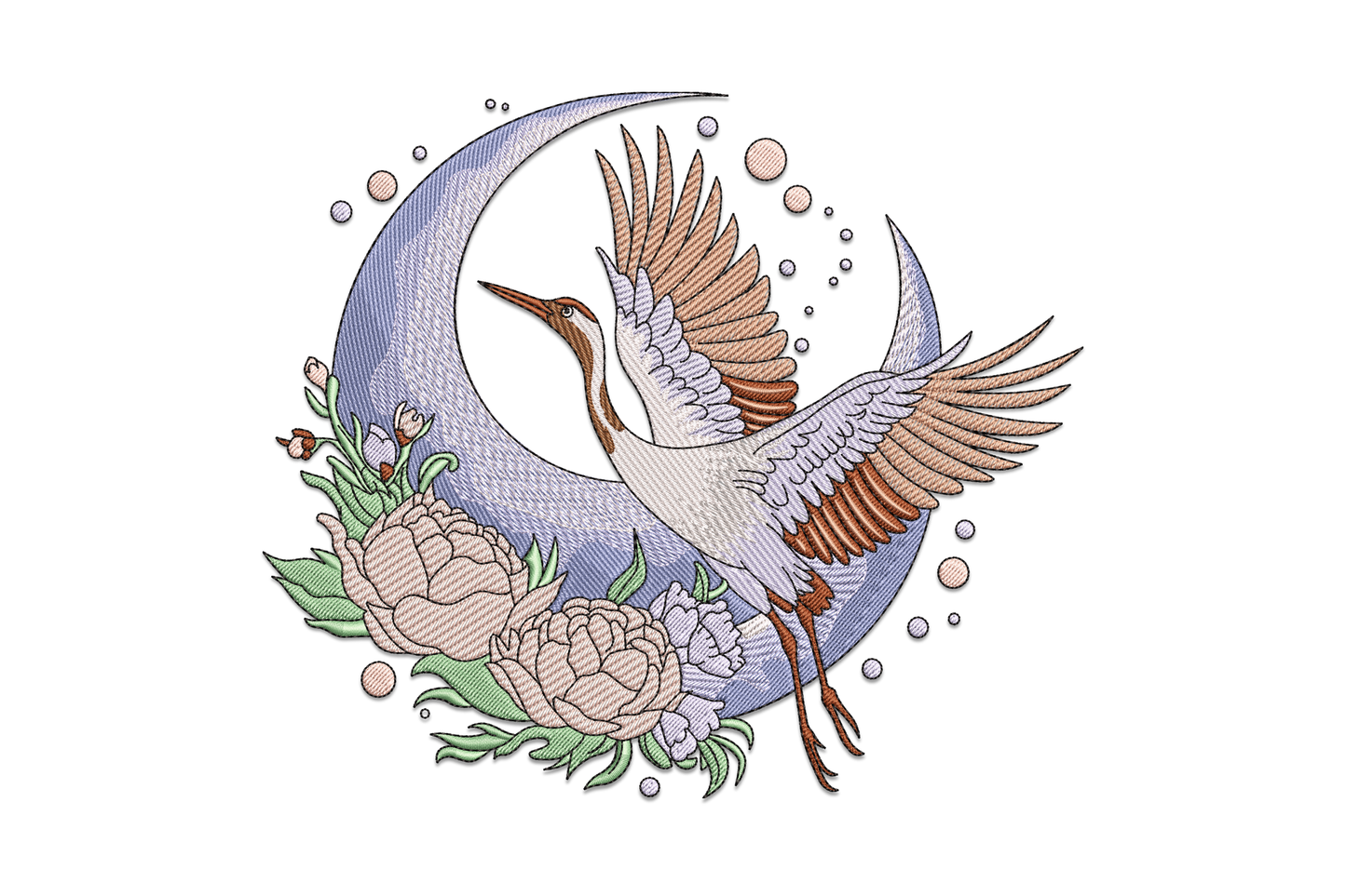 Flying crane embroidery design with full moon circle and cherry blossom branches, Japanese woodblock style in white, navy and pale pink