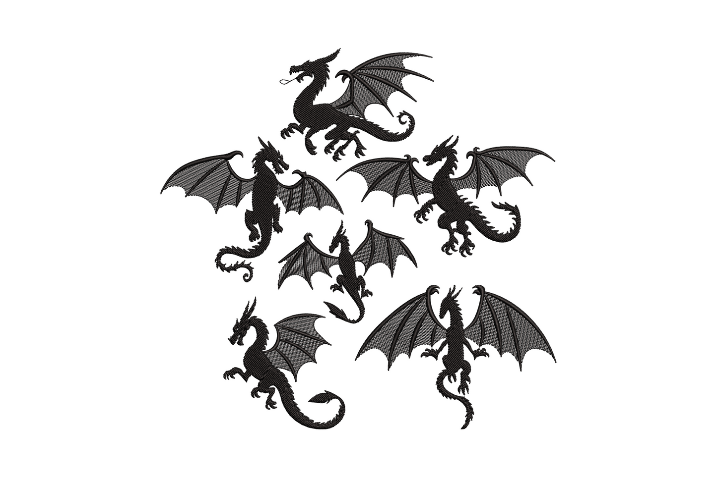 Flying dragon set embroidery design single colour with spread wings and curved tail in bold satin fantasy fills