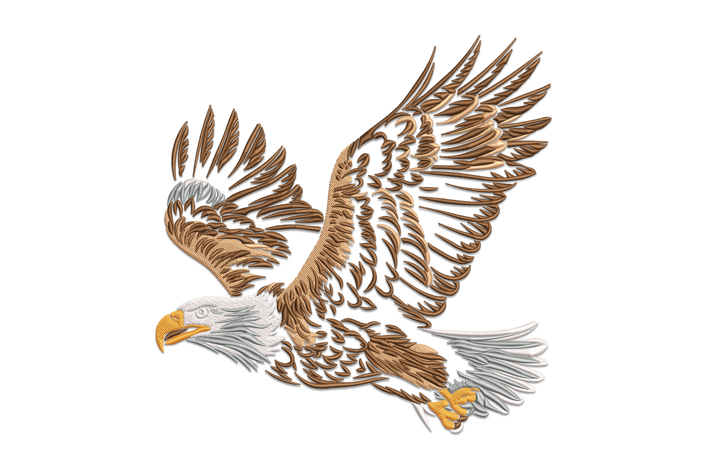 Flying eagle embroidery, wings fully spread, orange beak forward, talons curled in strike pose, detailed brown feather work