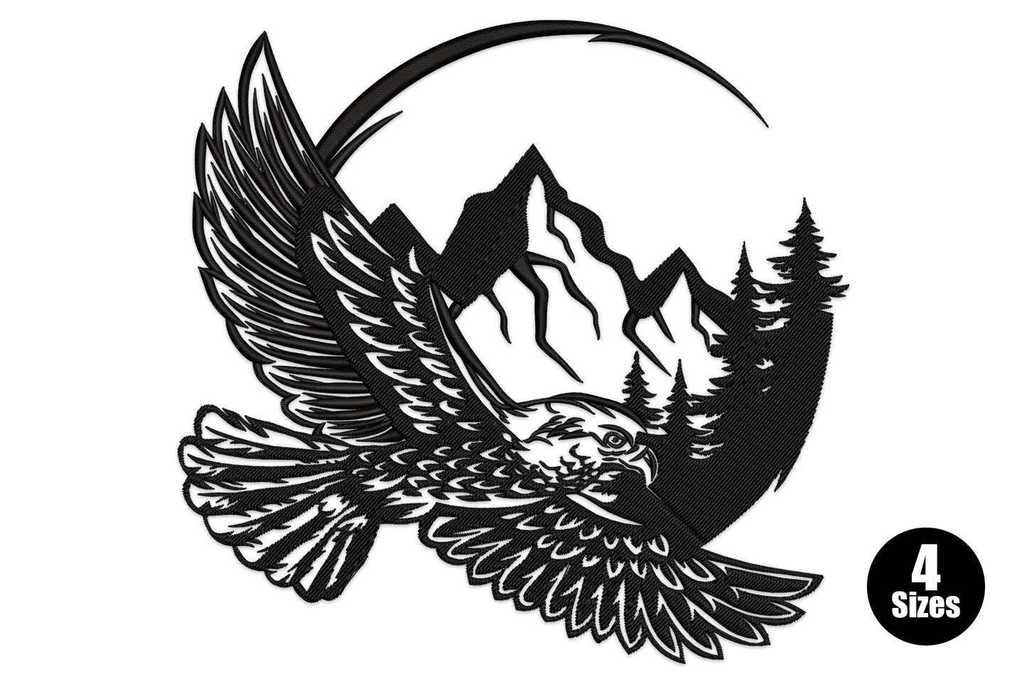 Flying eagle mountain landscape embroidery, eagle diving with mountain and pine tree circle, black thread, 27142 to 50945 stitches