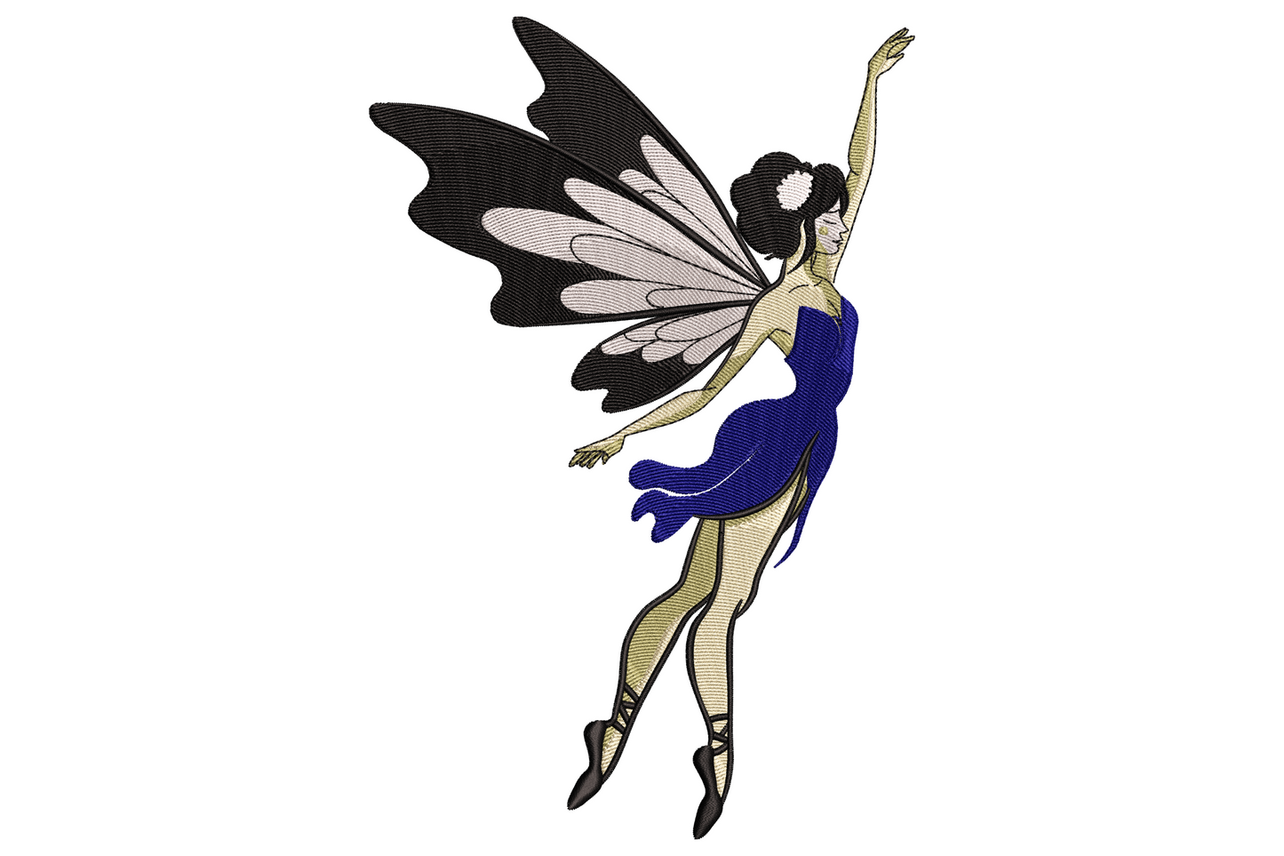 flying fairy embroidery design in royal blue dress with black and grey butterfly wings, arms raised mid-leap