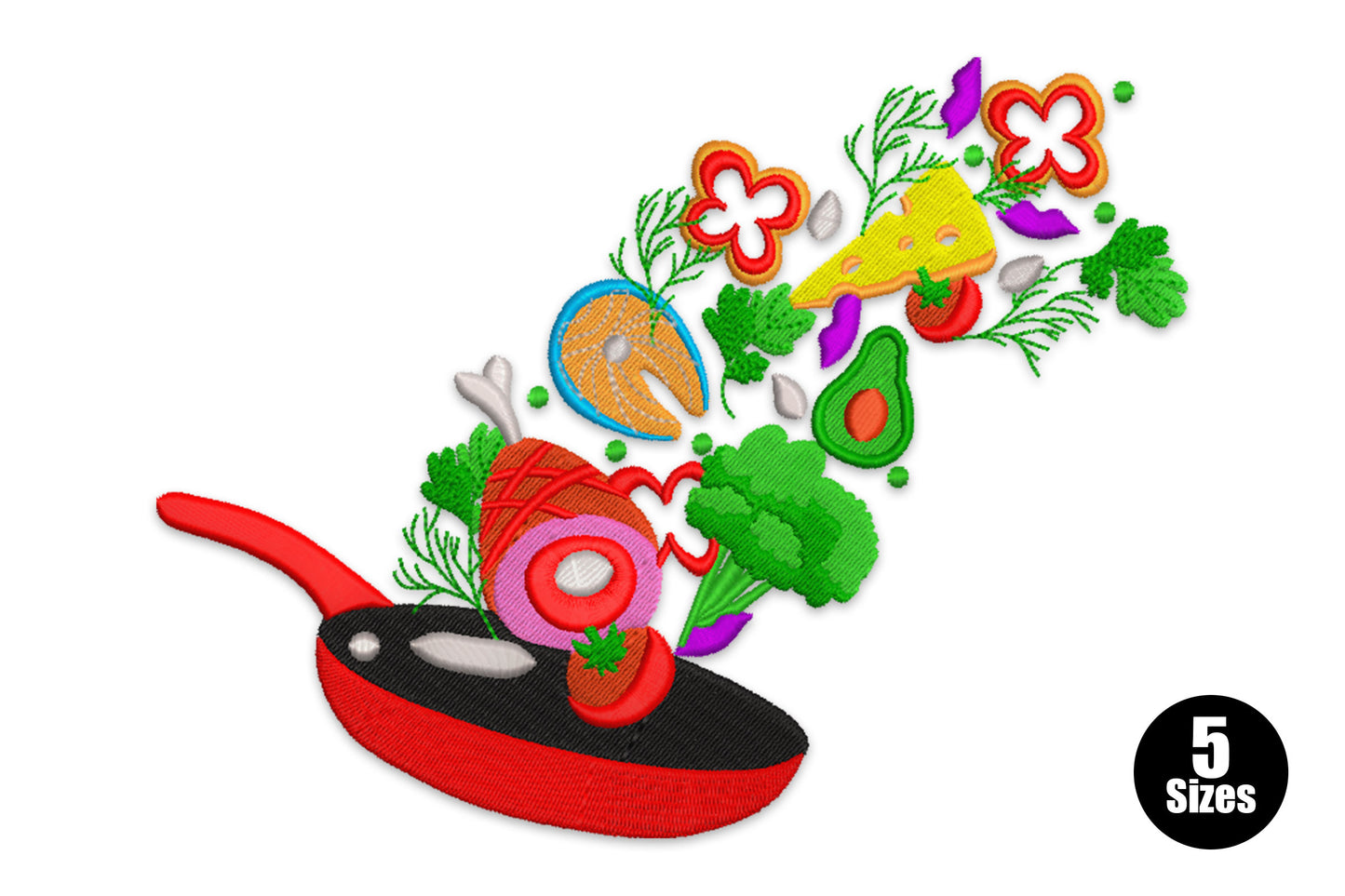 Flying food skillet embroidery design with a red pan and a colourful arc of vegetables, salmon, avocado and cheese ingredients.