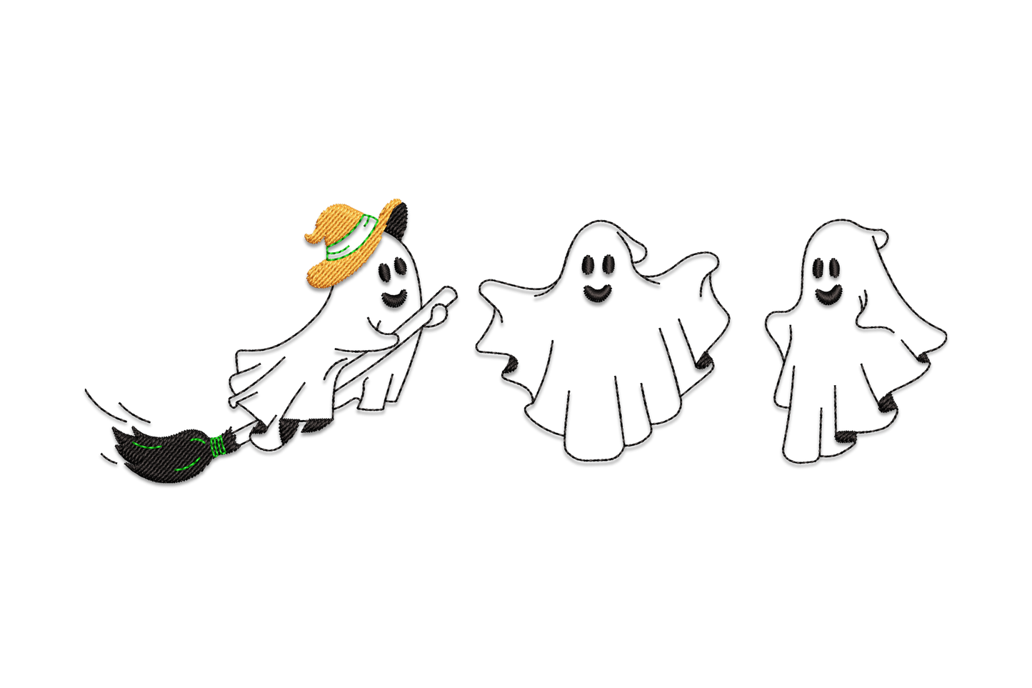 Three flying cartoon ghosts halloween embroidery design, cute kids style, 3 colours, 5 sizes from 1.16 to 2.47 inches wide