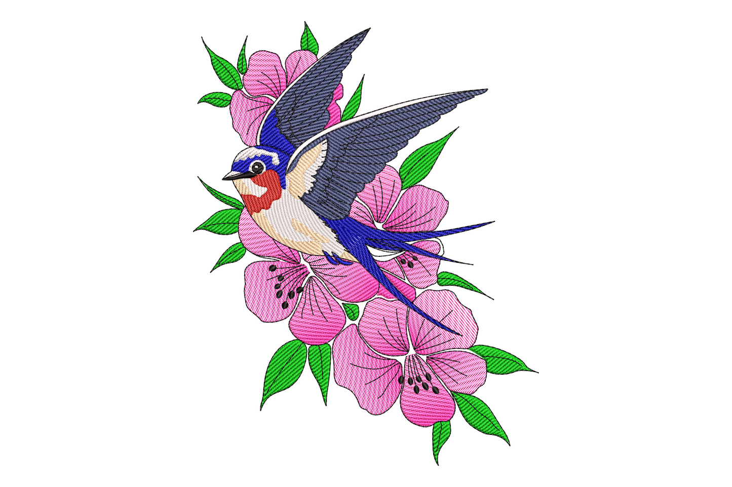 Flying barn swallow with navy wings, red chin and cream chest, surrounded by pink cherry blossoms and green leaves.