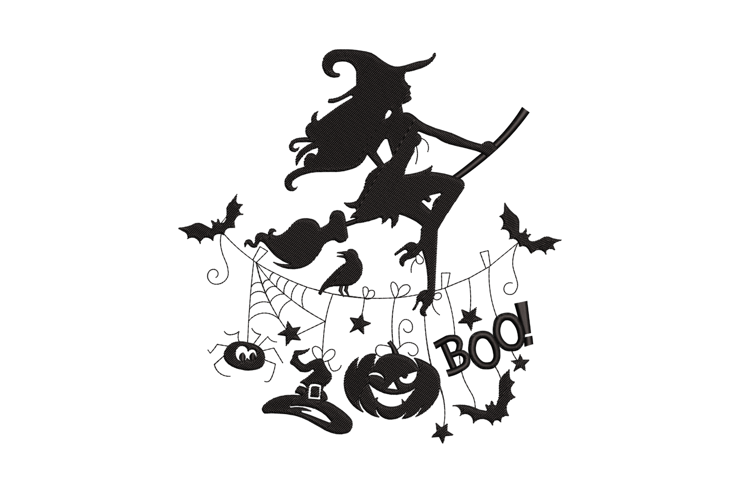 Flying witch on broomstick halloween silhouette in black thread, with jack-o-lantern, BOO text, bats, cobweb and witch hat.