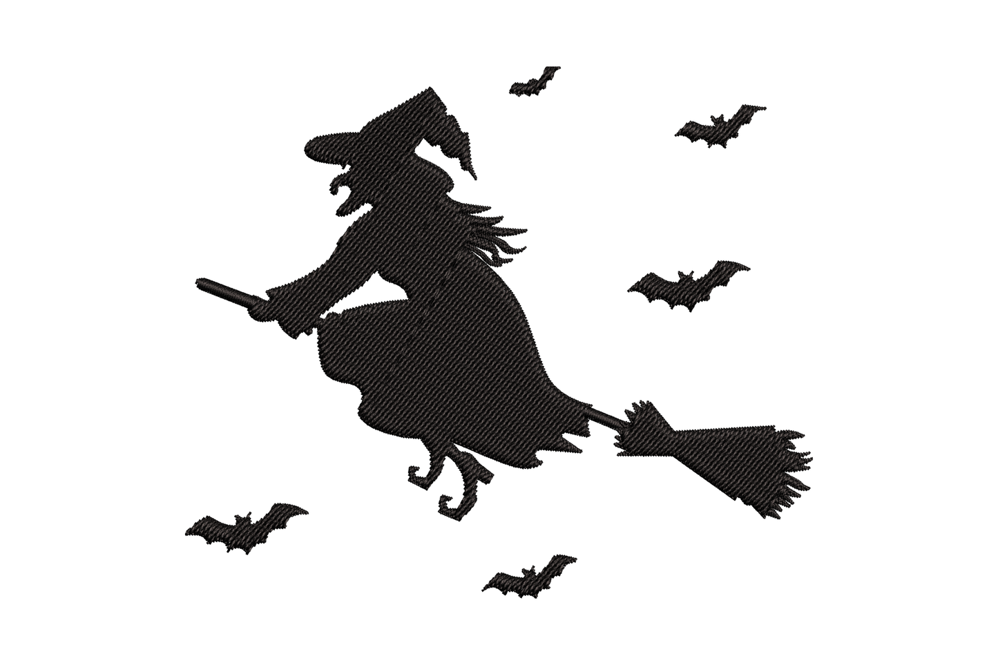 Flying witch silhouette embroidery design showing a solid black witch on a broom in mid-flight with three bats scattered around her in a halloween scene.