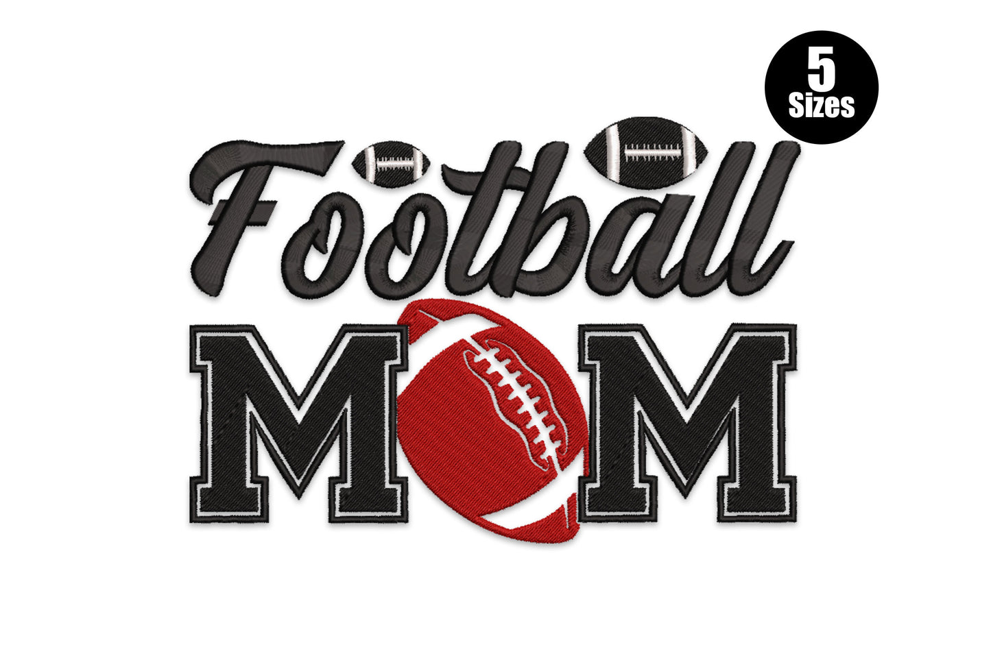 Football Mom embroidery design with flowing black script Football on top, varsity block MOM below and a dark red football replacing the centre O.