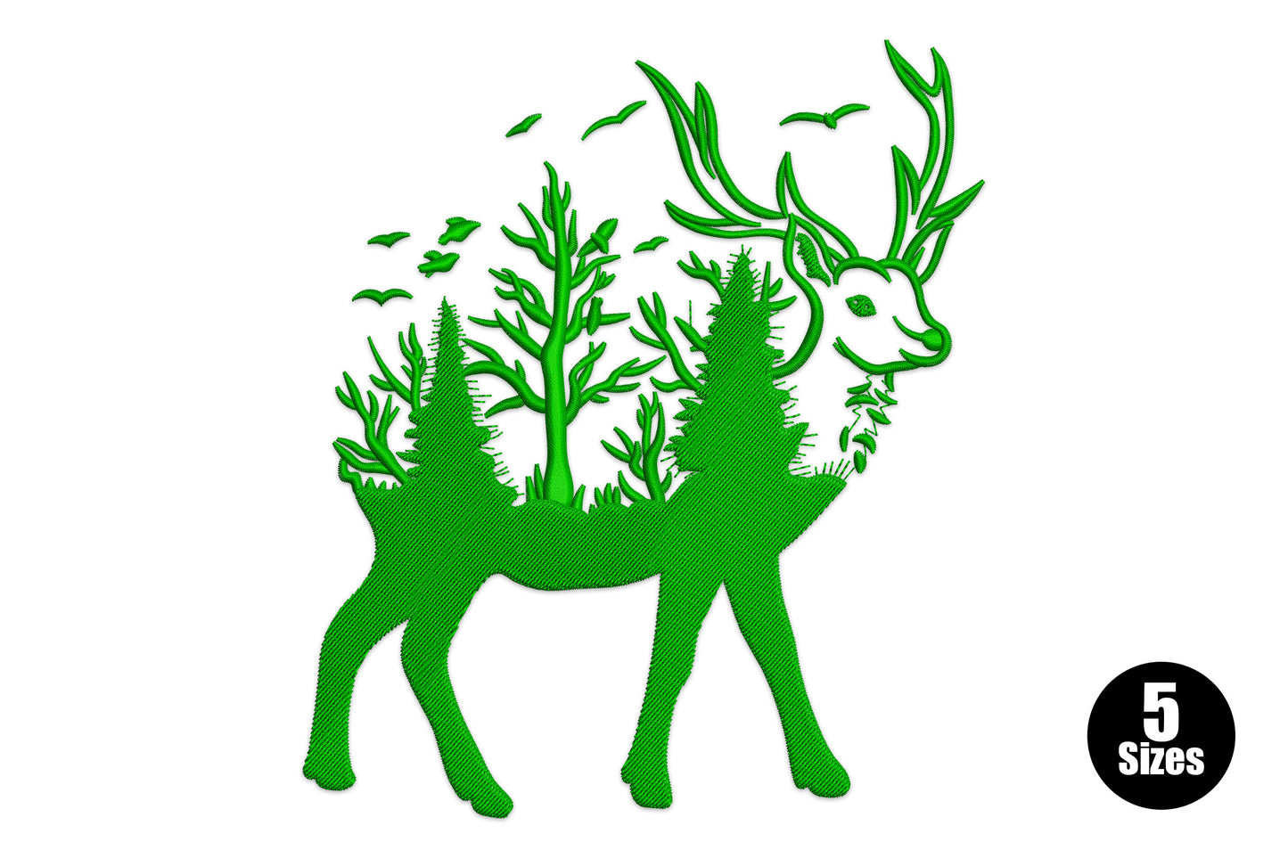 Stag deer silhouette filled with pine trees and forest scene embroidery design, double exposure style, 5 sizes, single colour