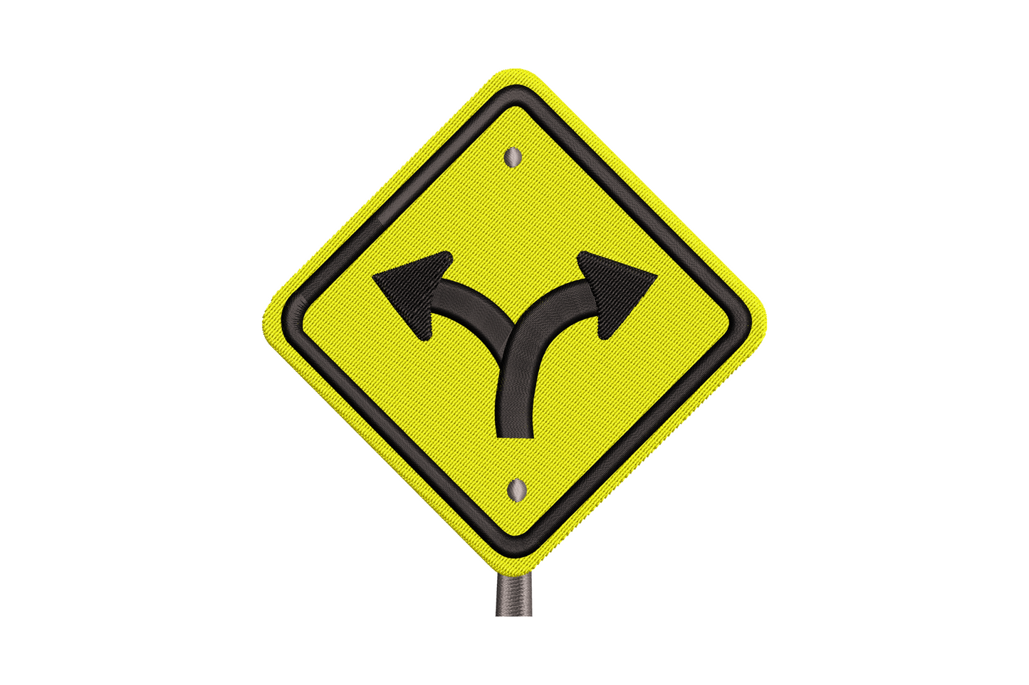 Fork road sign embroidery design, rectangular highway sign with split arrows, black and white, 4 sizes 2.5-5.5 inches