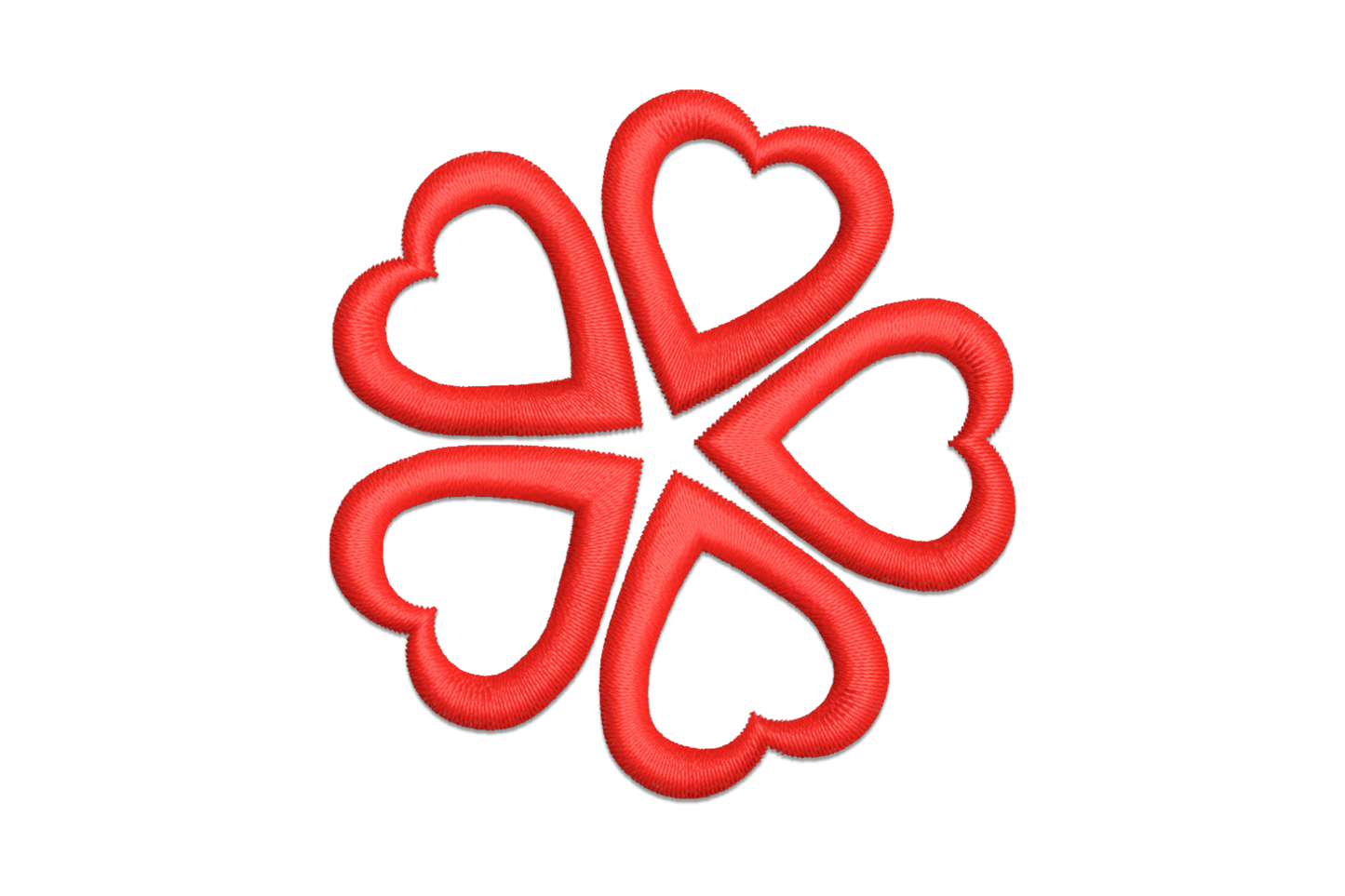 Four solid red hearts arranged tip-to-tip forming a four-leaf clover shape. Single colour embroidery on white.