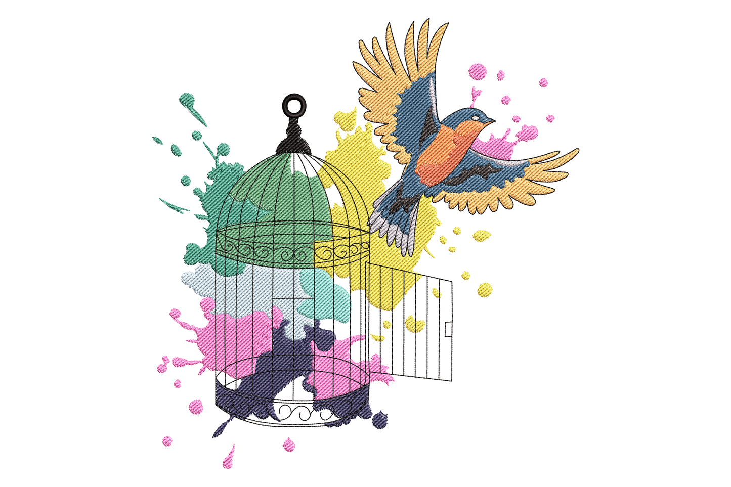 Freedom bird embroidery flying out of open vintage cage with teal magenta mustard watercolour splashes on white