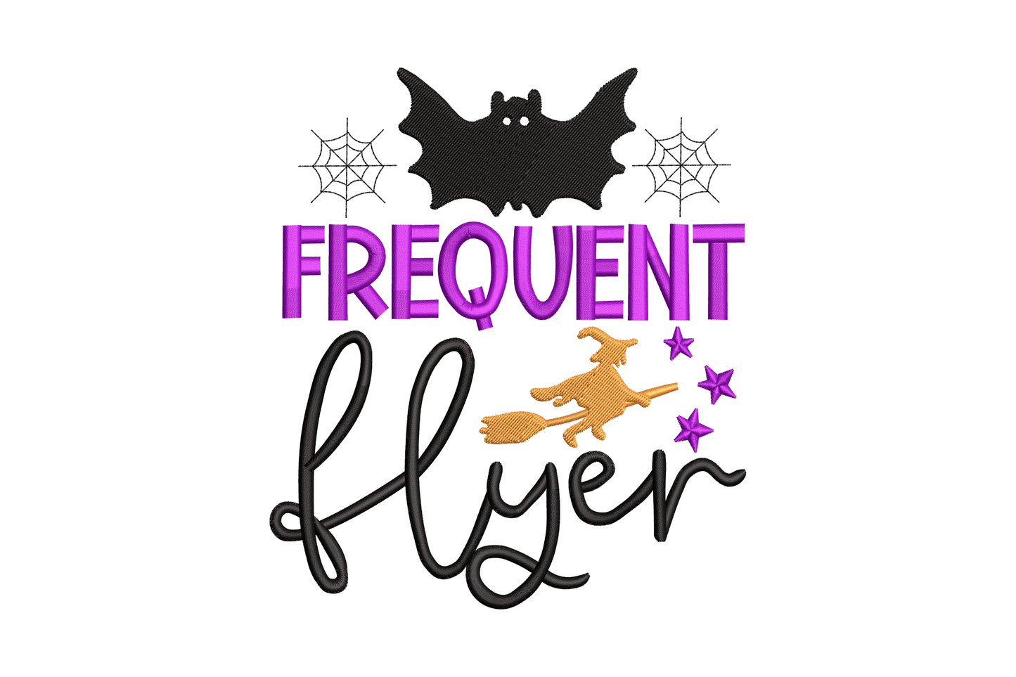 Frequent Flyer Halloween embroidery with purple block letters, black cursive script, orange flying witch, bat and spider web outlines.