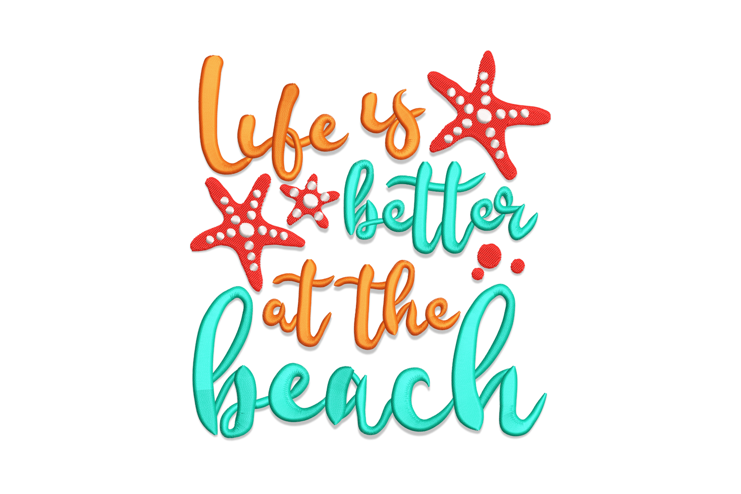 Fun beach themed embroidery design with palm tree, orange sun, starfish, blue brushstroke lettering and wave lines in 5 thread colours.