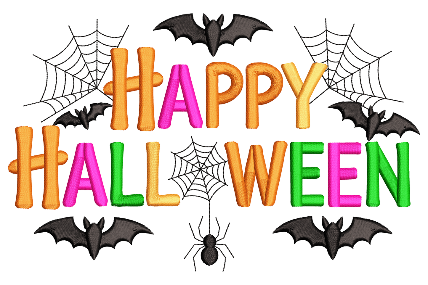 Fun happy halloween machine embroidery design, bubbly rounded lettering in orange and black, five colours, cheerful festive style, white satin outlines.