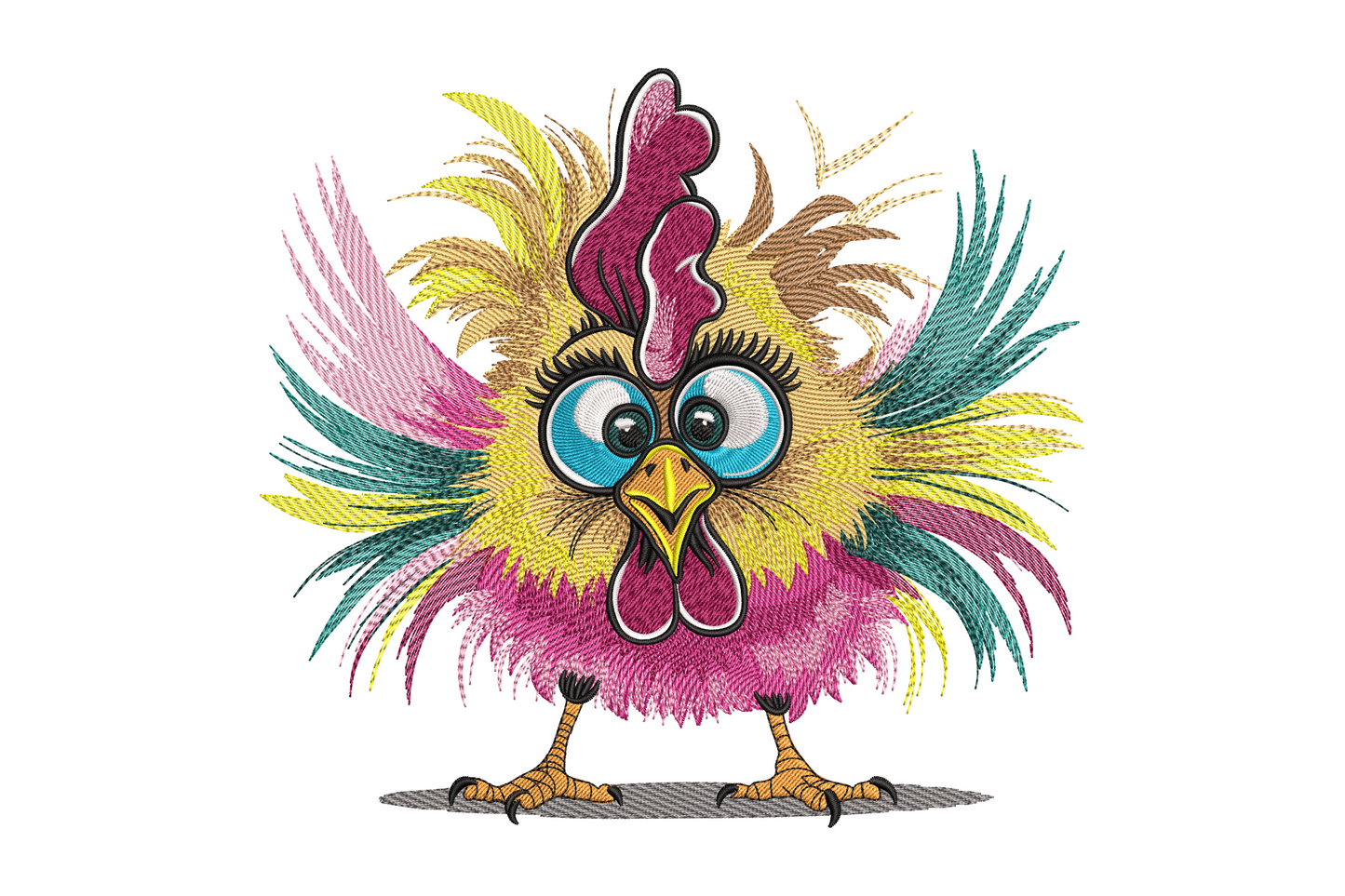 Machine embroidery colorful cartoon chicken design, upright rounded body with comb and wattle, thirteen colour zones in yellow orange red and cream, bold fill stitches, fun farm animal style.