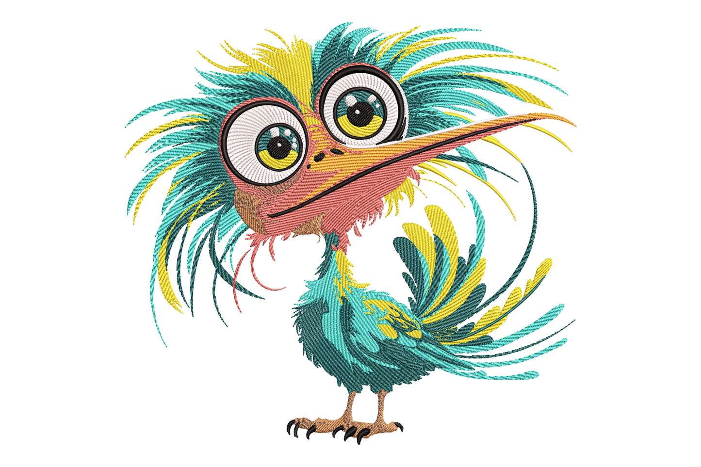Cartoon embroidery design of a chubby bird with wild spiky teal and yellow feathers, giant bug eyes and a long pointed beak