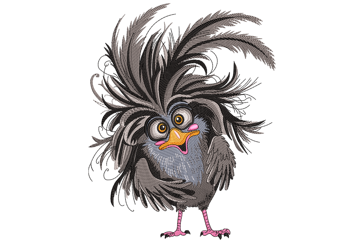Funny cartoon bird embroidery design with wild grey feathers exploding up, tiny monocle, pink cheeks and orange beak.