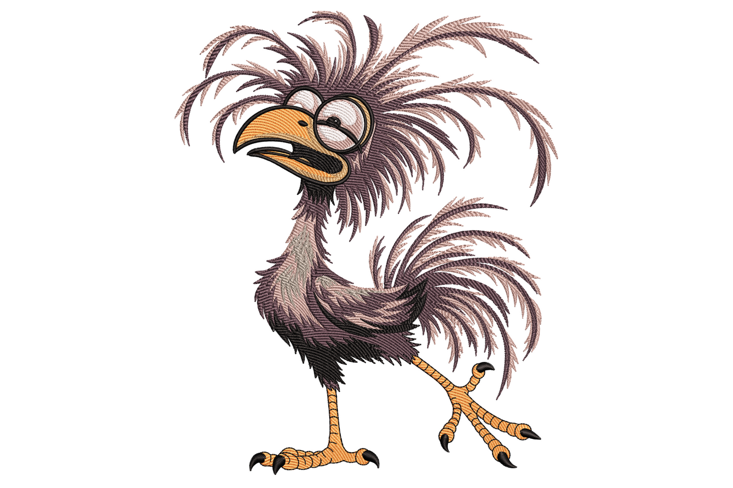 Cartoon brown rooster embroidery, wild spiky frazzled feathers, bug-eyed stare and bright yellow beak.