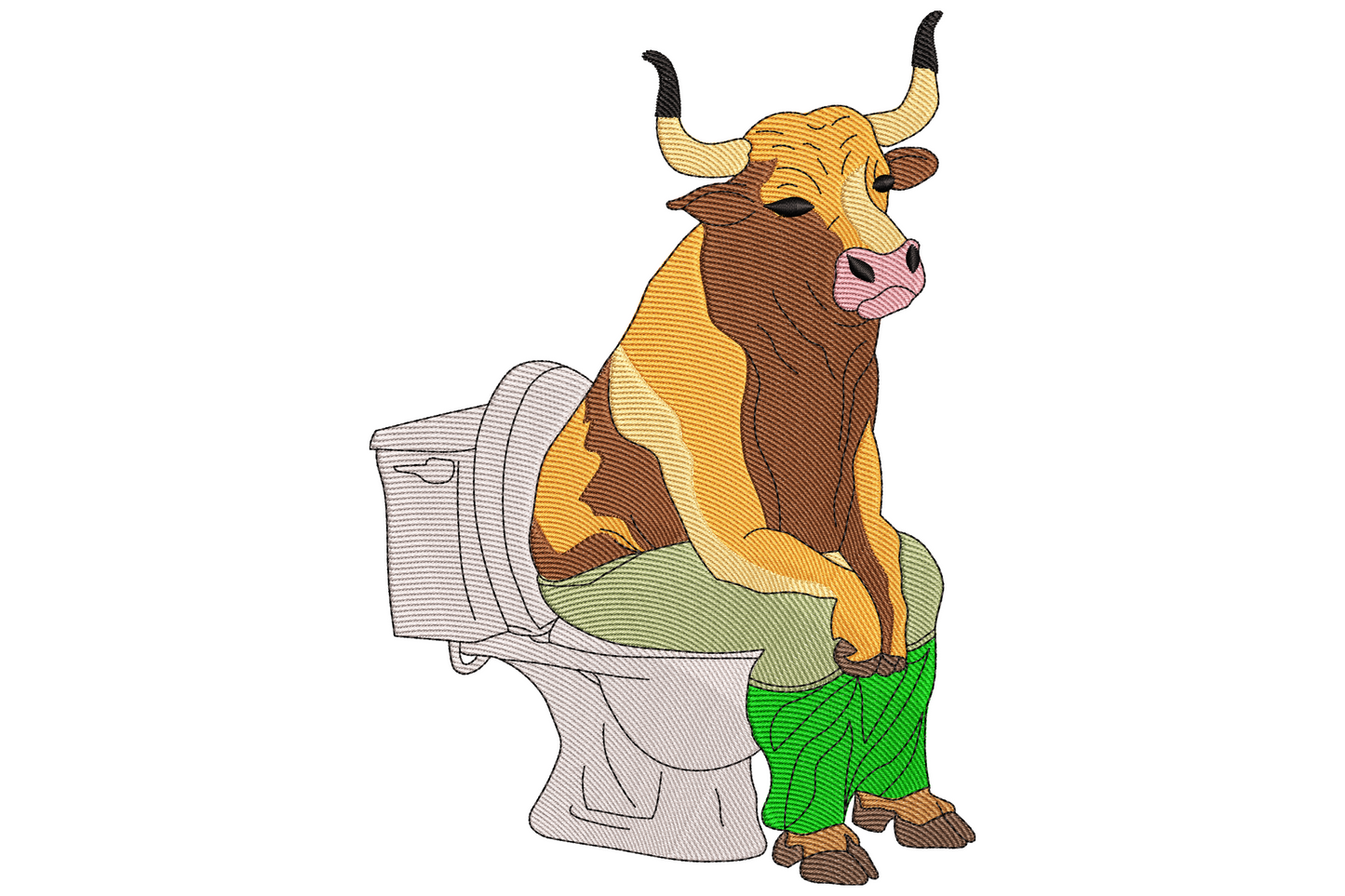 Cartoon brown bull sitting on a white porcelain toilet reading a folded newspaper held in both hooves, goofy novelty bathroom humour embroidery design.