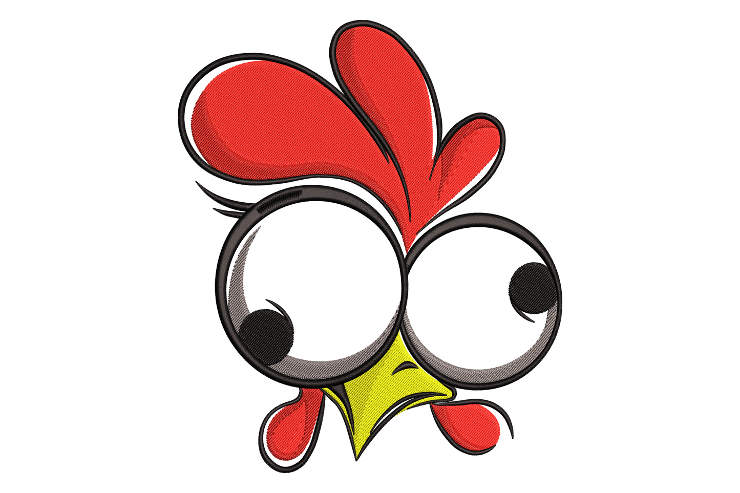 Funny chicken face embroidery design cartoon close-up bold red comb yellow beak big round eyes baffled expression six colours