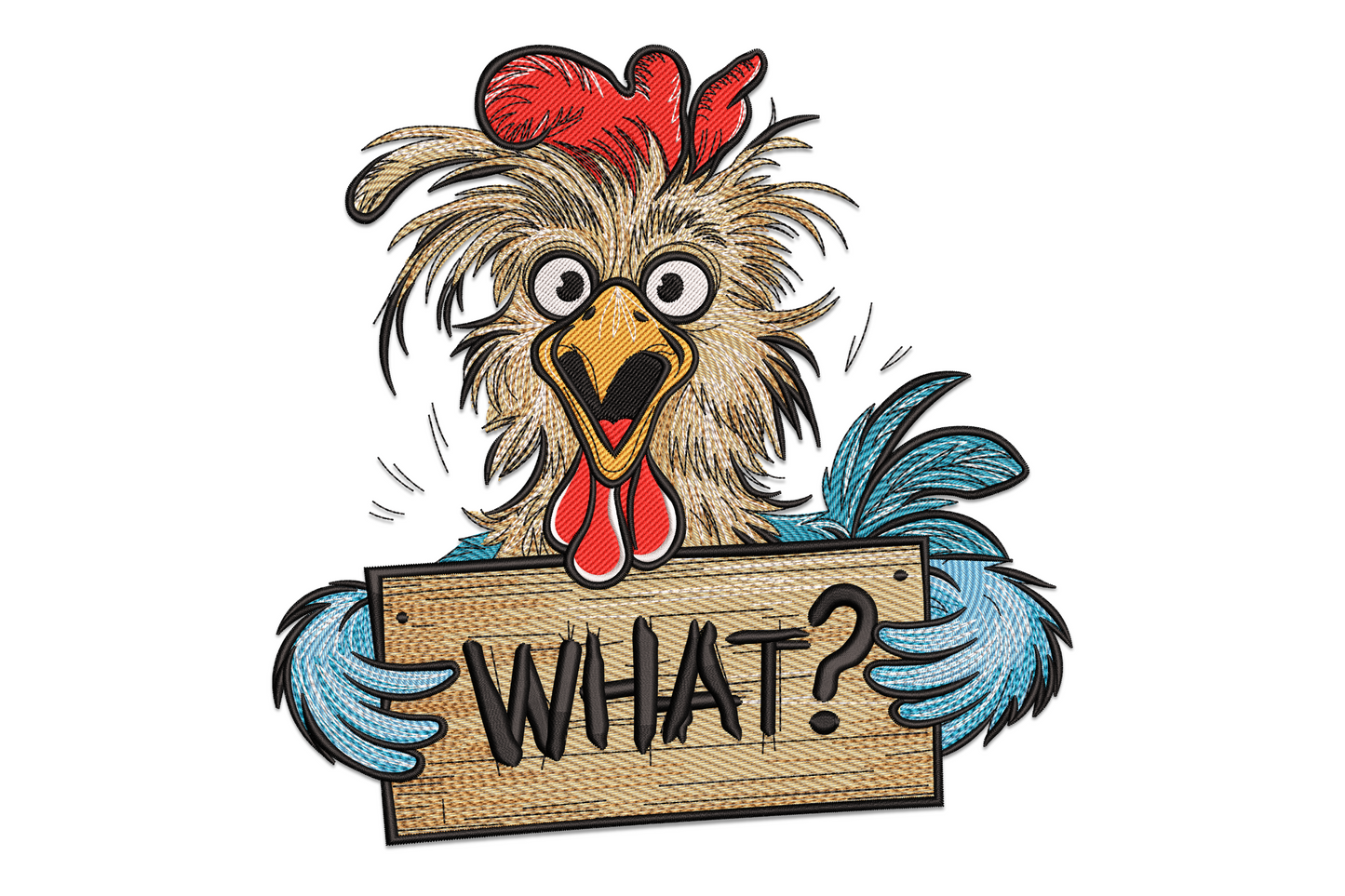 Funny cartoon rooster embroidery design with puffed chest, raised wing, red comb, orange legs, and eight bold colour fills on white background.