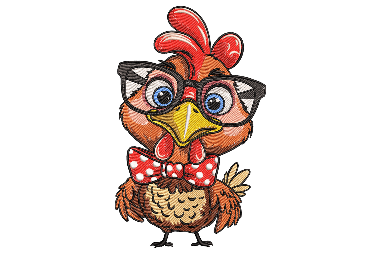 Funny plump chicken in oversized black glasses, red polka-dot bow at neck, crossed wings, and a sassy upward tilt to yellow beak.