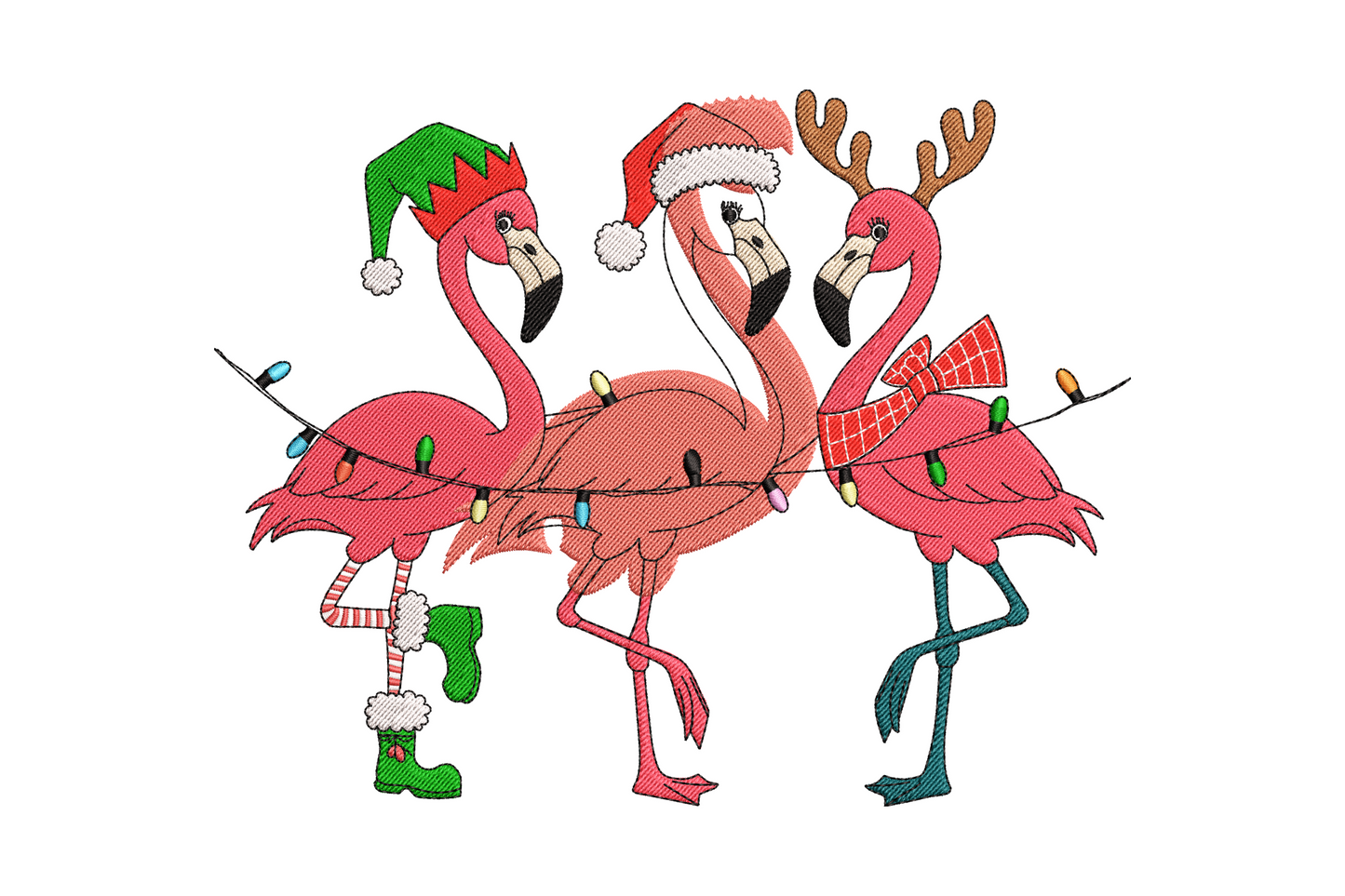 Three Christmas flamingos in elf hat, Santa hat, and reindeer antlers, tangled in fairy lights, cartoon-style embroidery