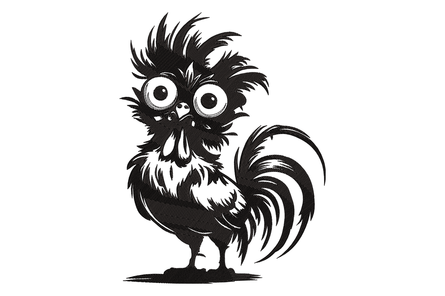 Funny crazy rooster embroidery, black silhouette with wild spiked feathers, huge white googly eyes and dramatic fan tail.