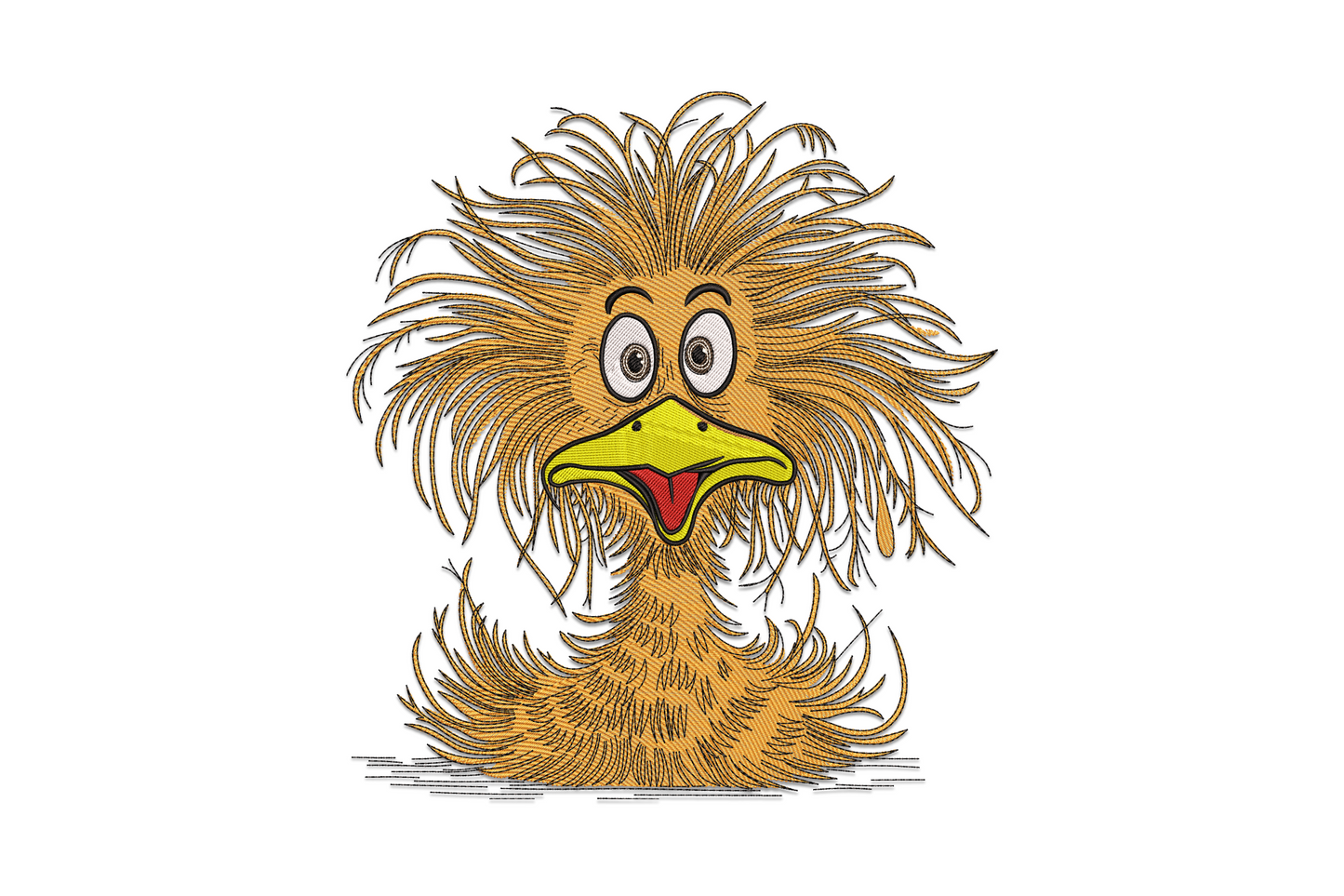 Funny cartoon duck embroidery design with wide surprised eyes, open orange beak, yellow body, and orange feet on white background.