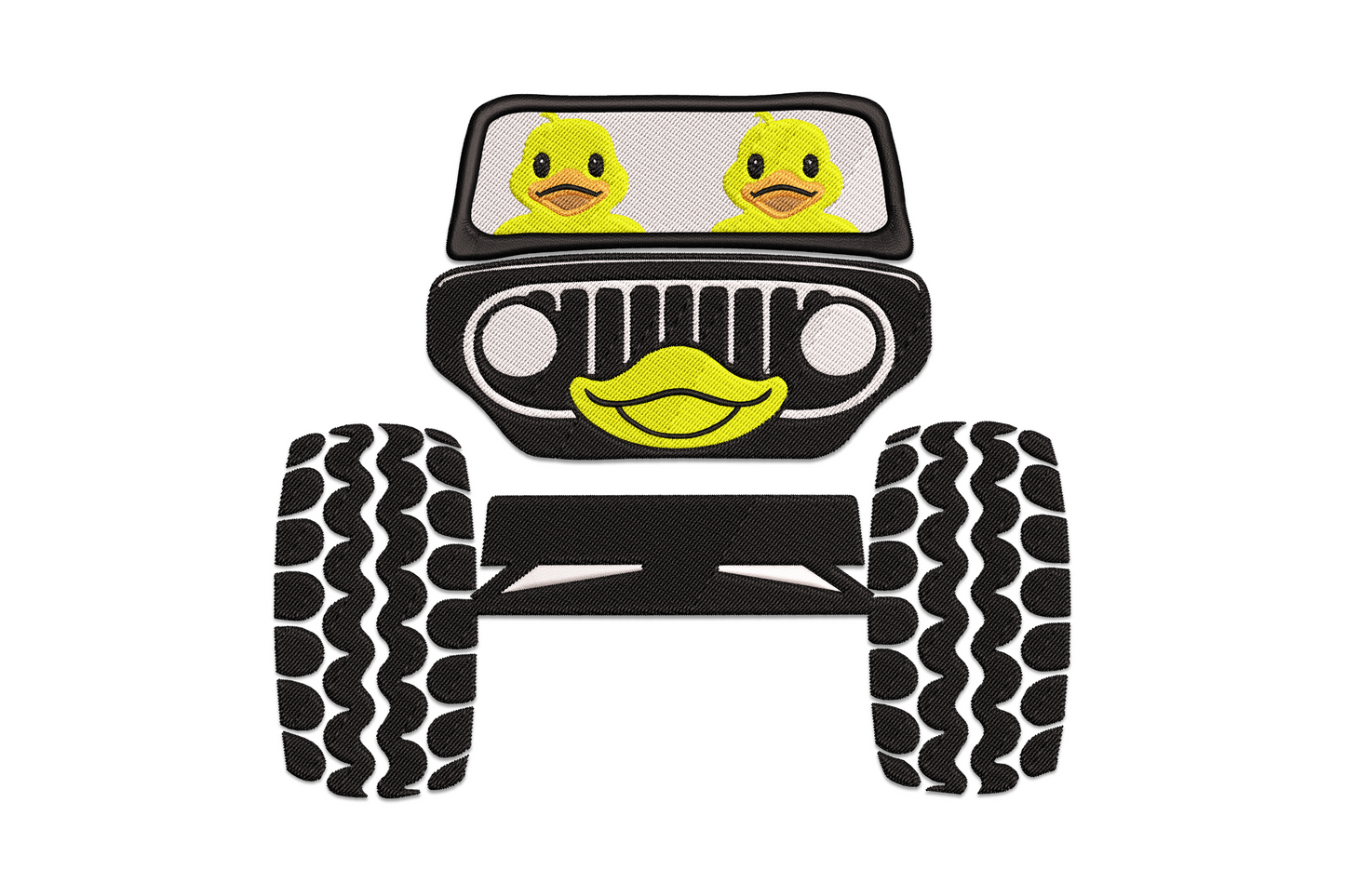 Funny duck driving a cartoon jeep machine embroidery design, five colours, yellow duck with goggles in an olive green vehicle