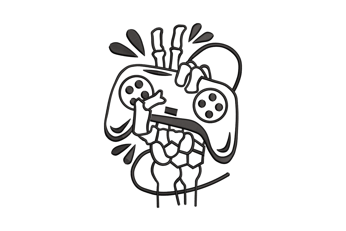 Funny gamer rage controller embroidery design - screaming cartoon controller with raised fists in black, 4 sizes