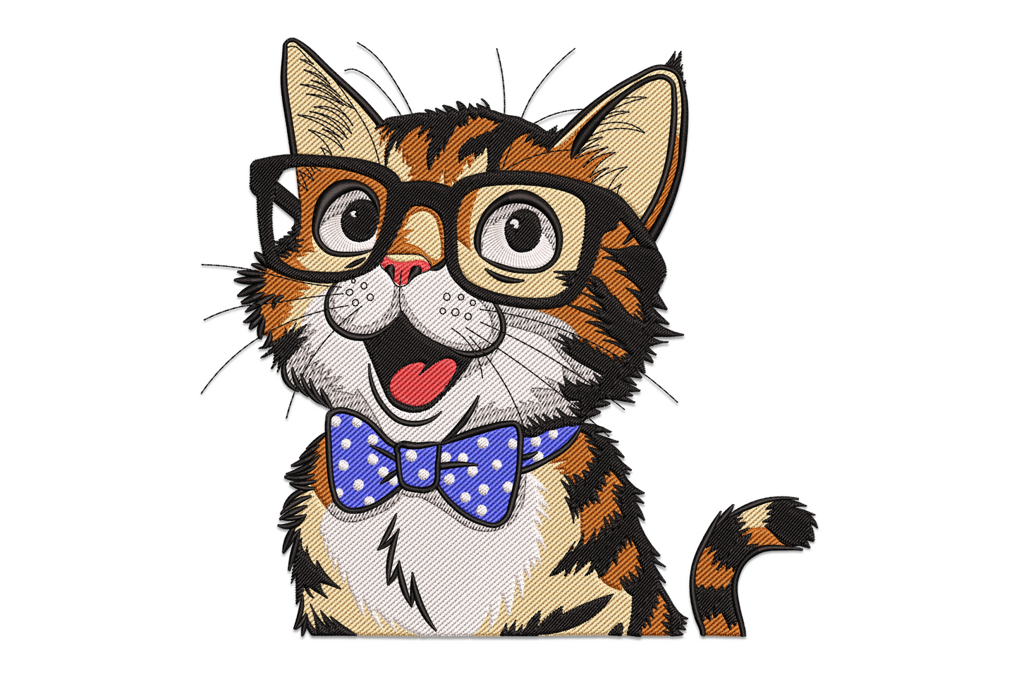 Cartoon kitten embroidery sitting upright in a formal bow tie, tabby stripe markings and a slightly smug expression, machine embroidery design on white background