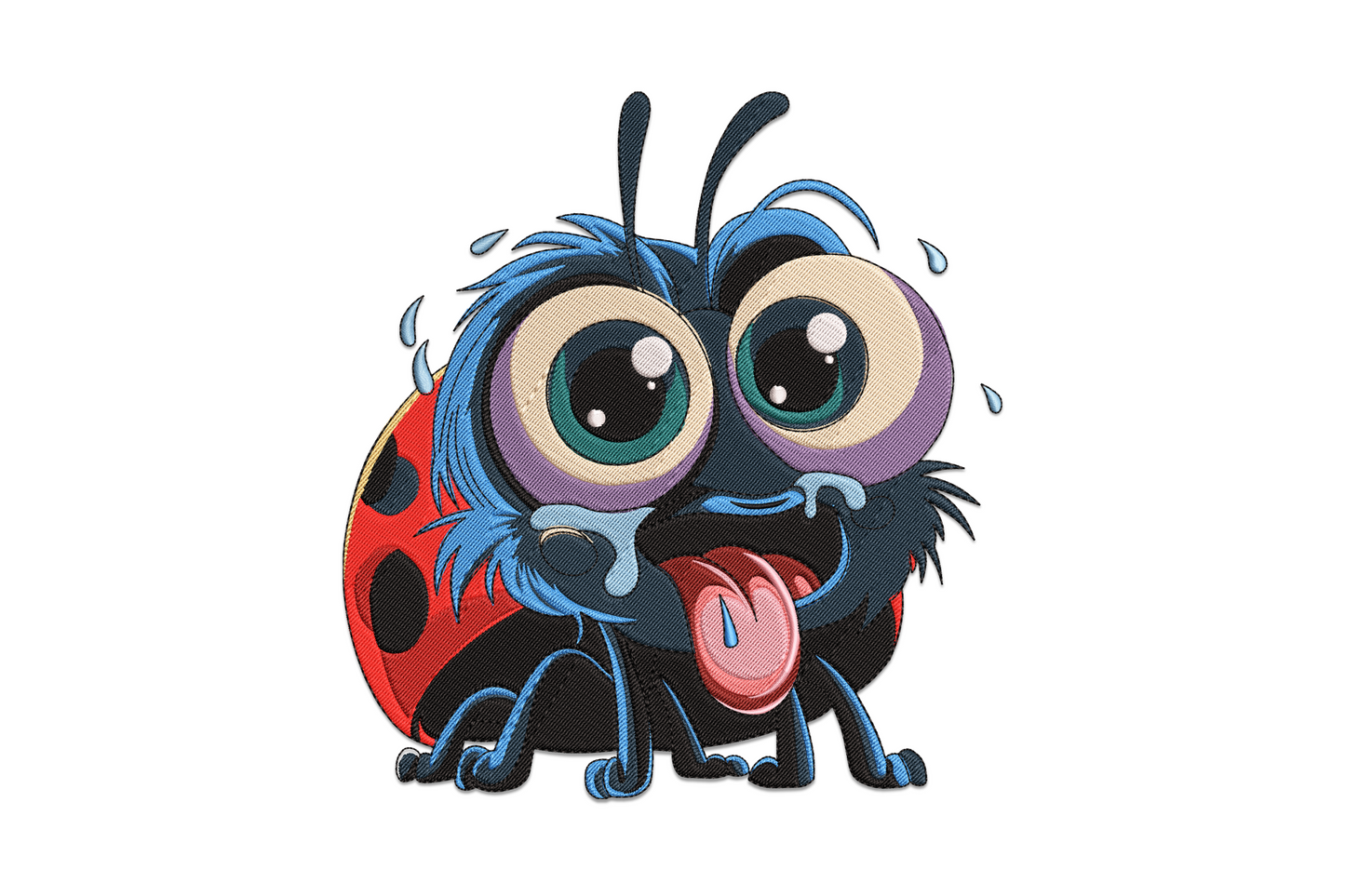 Funny kawaii ladybug cartoon embroidery, round red body with black spots, giant cartoon eyes and goofy grin, white cheek highlights
