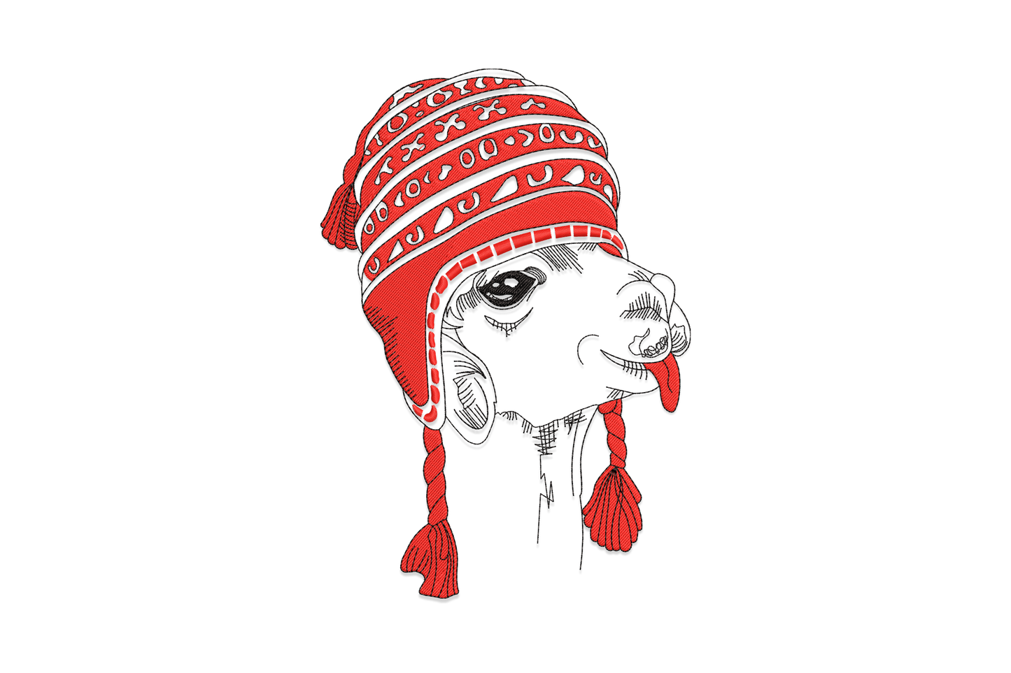 Funny llama embroidery design wearing a red Peruvian chullo winter hat with braids and tassels in red and black thread.