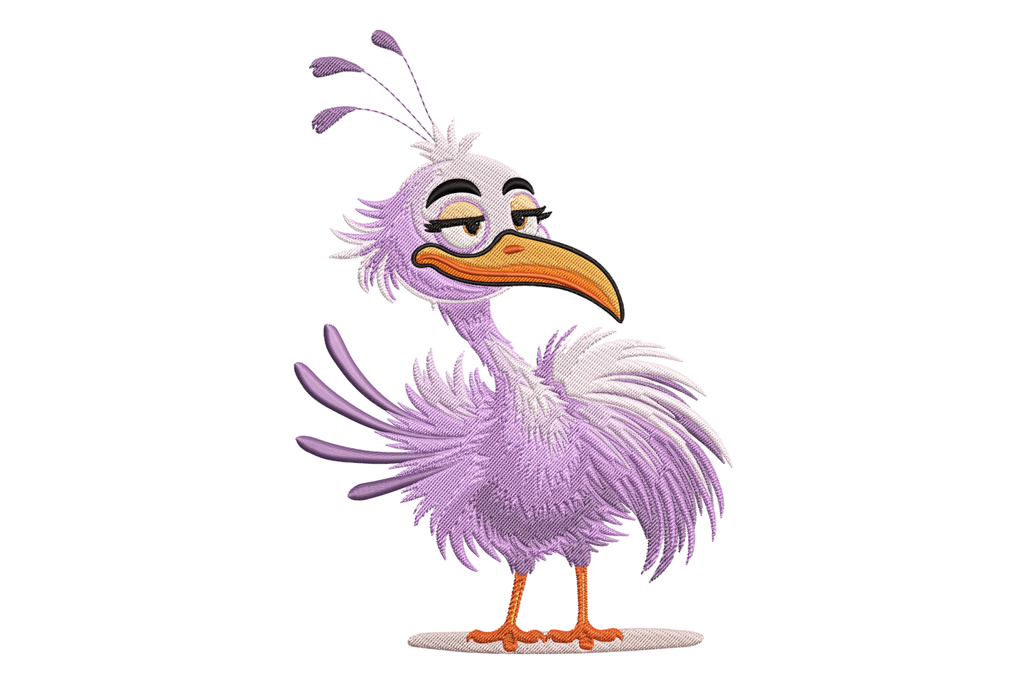 Lavender cartoon bird embroidery, sleepy droopy eyelids, long orange beak and a wild feather tuft.
