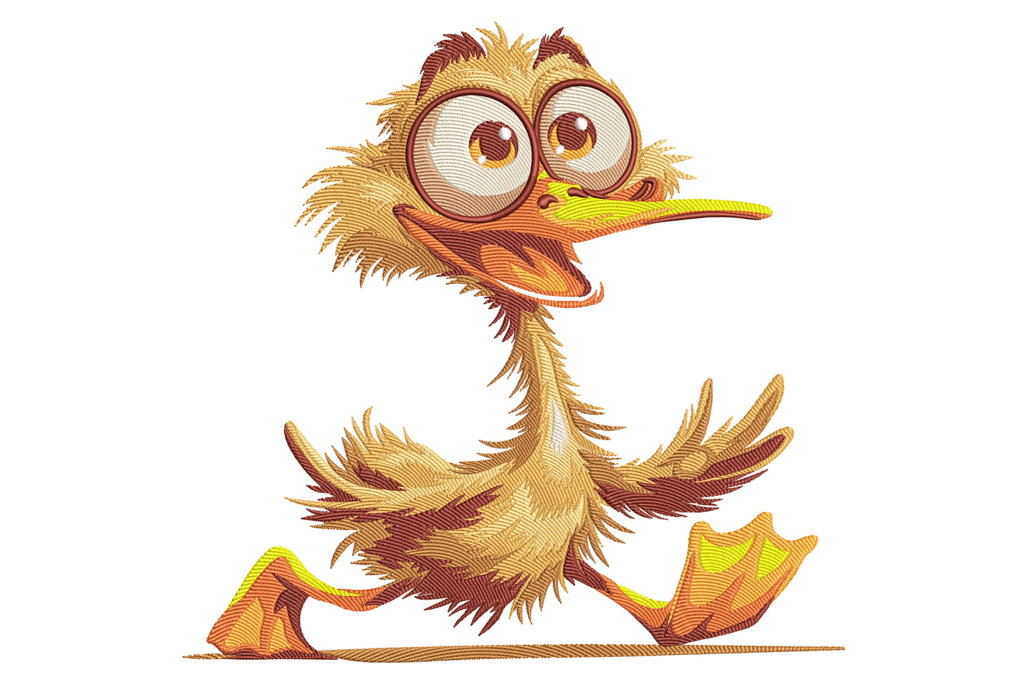 Funny running duck cartoon embroidery design with butter yellow body, open tangerine bill, amber oversized feet mid-stride, and wide cartoon eyes in a full-sprint pose on pastel yellow tee fabric