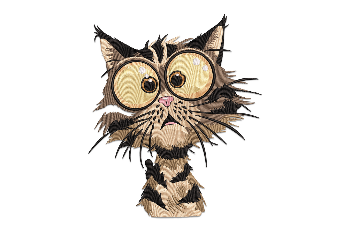 Funny wide-eyed tabby cat embroidery design staring forward with shocked expression and amber eyes