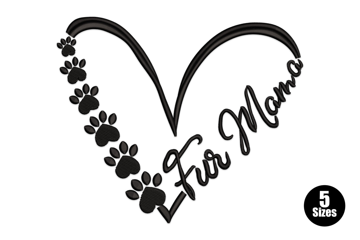 Fur Mama embroidery design, open heart outline with paw print trail and cursive text, black, 5 sizes from 2.52 to 5.87 inches