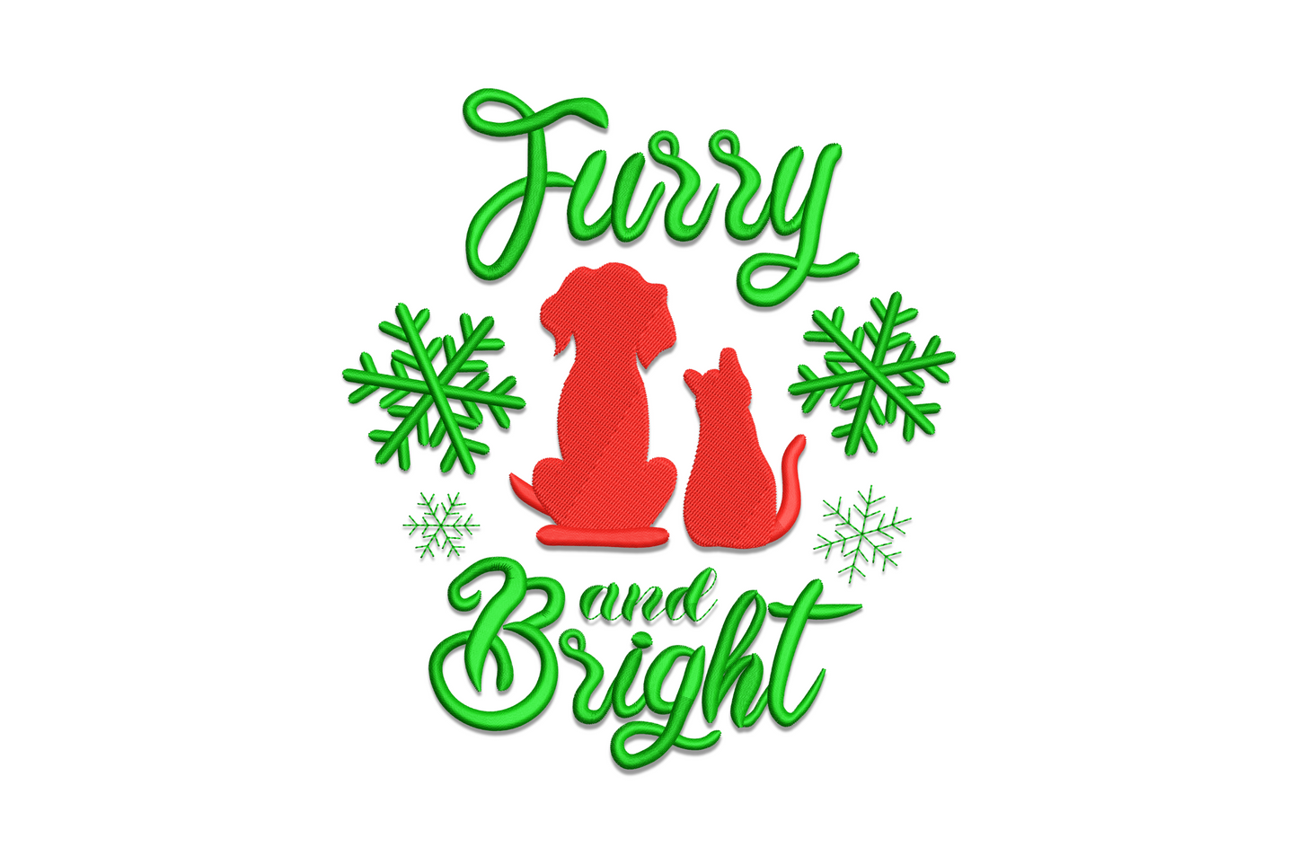 Furry and Bright Christmas embroidery design with dog and cat silhouettes in red and dark green snowflake script