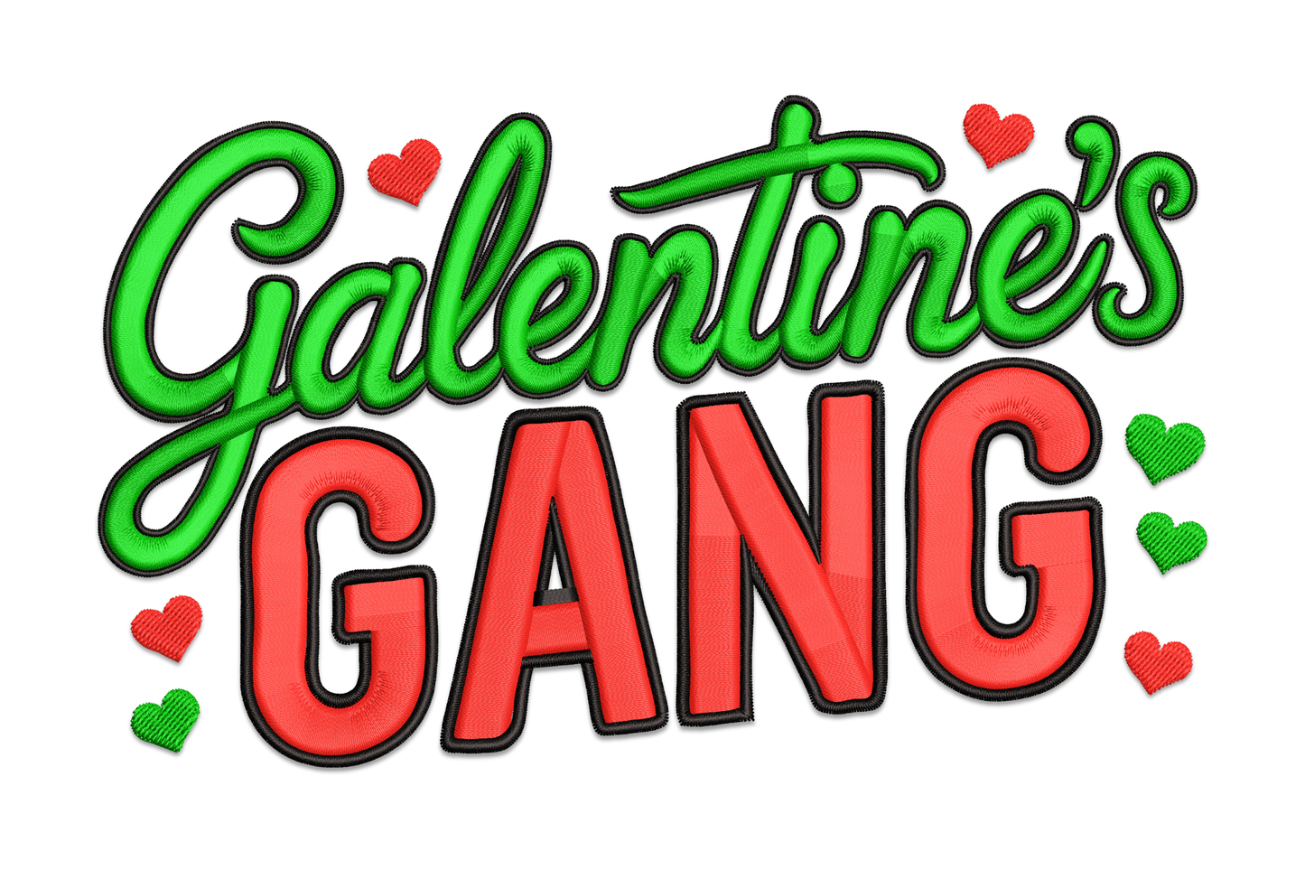 Galentine's Gang embroidery design, bold chunky lettering with heart accents, 3-colour threads on white cotton