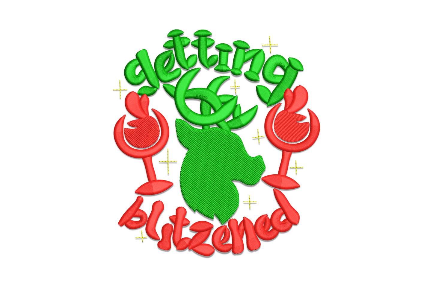Getting Blitzened embroidery design with tipsy reindeer holding wine glasses, dark green and red lettering, Christmas humour badge style.